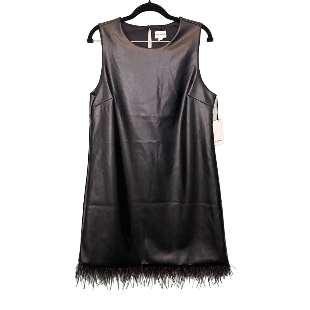 For Cynthia Black Vegan Leather Feathers Sleeveless Shift Mini Dress Large NWT - Picture 1 of 9